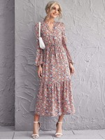 All Over Floral Print Notched Neck Ruffle Hem Knot Front Dress