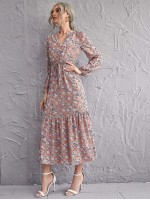 All Over Floral Print Notched Neck Ruffle Hem Knot Front Dress