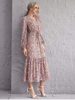 All Over Floral Print Notched Neck Ruffle Hem Knot Front Dress