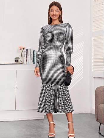 Blouson Sleeve Houndstooth Mermaid Dress