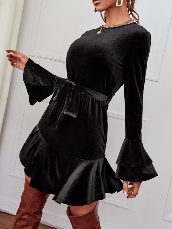 Velvet Flounce Sleeve Belted Ruffle Hem Dress