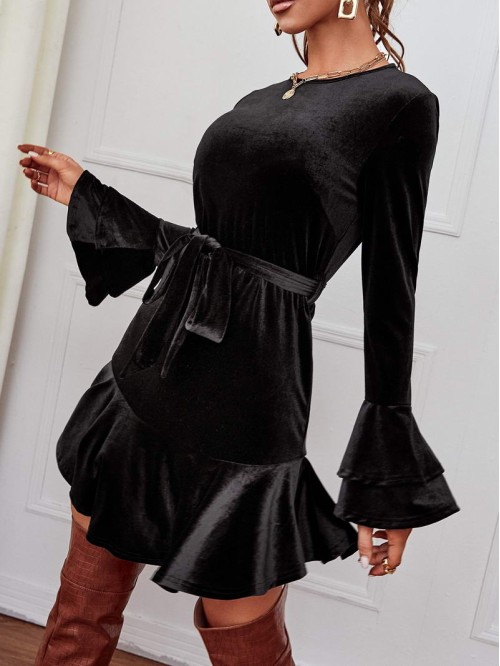 Velvet Flounce Sleeve Belted Ruffle Hem Dress