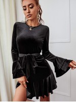 Velvet Flounce Sleeve Belted Ruffle Hem Dress