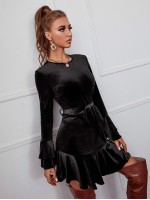 Velvet Flounce Sleeve Belted Ruffle Hem Dress