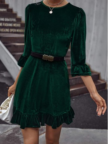 Velvet Ruffle Hem A-line Dress Without Belt