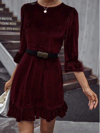 Velvet Ruffle Hem A-line Dress Without Belt