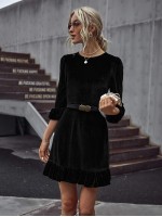 Velvet Ruffle Hem A-line Dress Without Belt