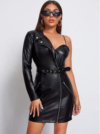 Asymmetrical Neck Belted PU Leather Dress