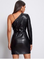 Asymmetrical Neck Belted PU Leather Dress