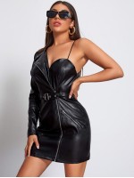 Asymmetrical Neck Belted PU Leather Dress