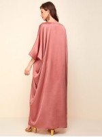 Batwing Sleeve Rhinestone Front Split Hem Satin Dress