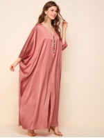 Batwing Sleeve Rhinestone Front Split Hem Satin Dress