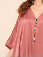 Batwing Sleeve Rhinestone Front Split Hem Satin Dress