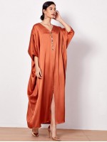 Batwing Sleeve Rhinestone Front Split Hem Satin Cocoon Dress