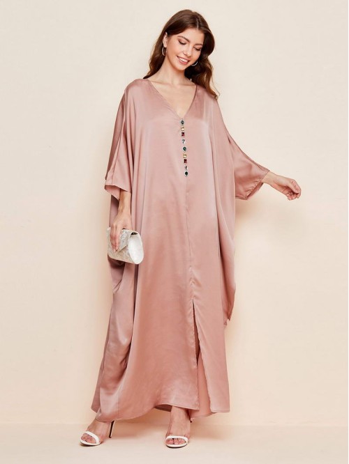 Batwing Sleeve Rhinestone Front Split Hem Satin Cocoon Dress