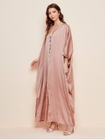 Batwing Sleeve Rhinestone Front Split Hem Satin Cocoon Dress