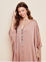 Batwing Sleeve Rhinestone Front Split Hem Satin Cocoon Dress