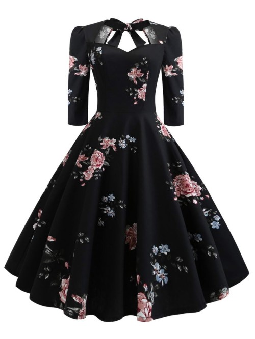 50s Sweetheart Knot Back Floral Flare Dress