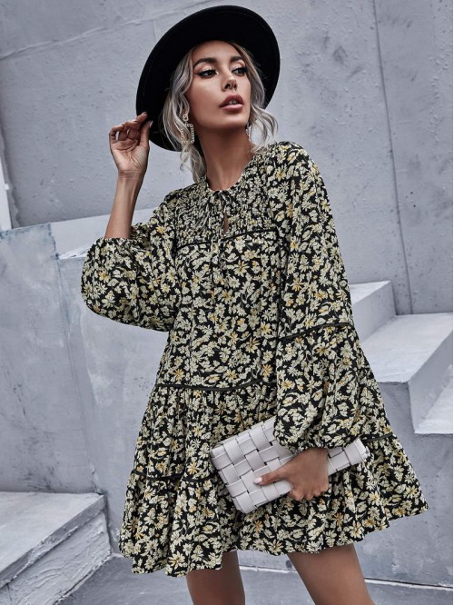 All Over Floral Print Tie Neck Bishop Sleeve Smock Dress