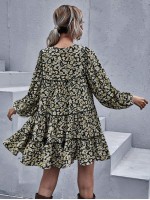 All Over Floral Print Tie Neck Bishop Sleeve Smock Dress