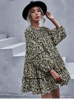 All Over Floral Print Tie Neck Bishop Sleeve Smock Dress