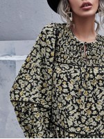 All Over Floral Print Tie Neck Bishop Sleeve Smock Dress