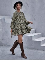 All Over Floral Print Tie Neck Bishop Sleeve Smock Dress