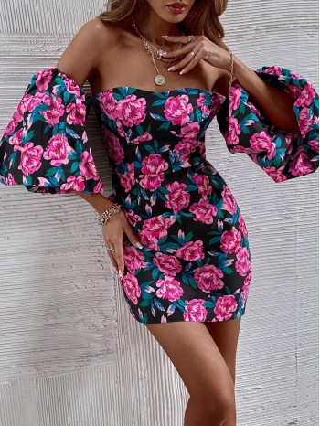 All Over Floral Print Off The Shoulder Puff Sleeve Mini Dress