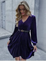 Velvet V-neck Ruffle Hem Babydoll Dress Without Belt