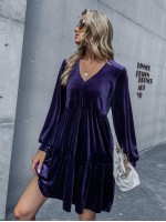 Velvet V-neck Ruffle Hem Babydoll Dress Without Belt