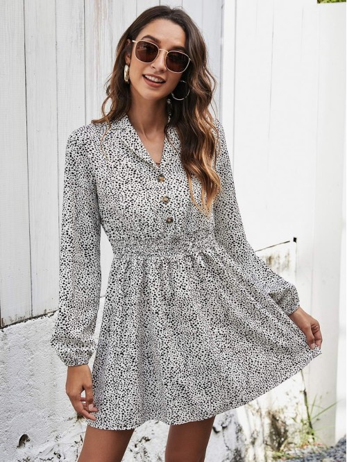 Allover Print Shirred Waist Shirt Dress