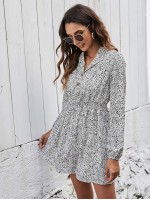 Allover Print Shirred Waist Shirt Dress