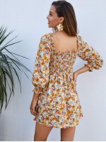 Allover Floral Print Tie Front Shirred Dress