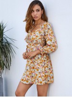 Allover Floral Print Tie Front Shirred Dress