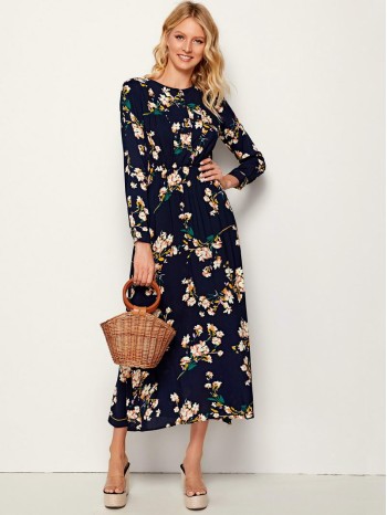 Allover Floral Print Elastic Waist Plicated Dress