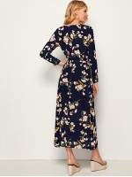 Allover Floral Print Elastic Waist Plicated Dress