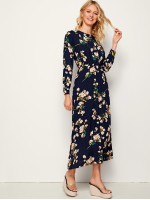 Allover Floral Print Elastic Waist Plicated Dress