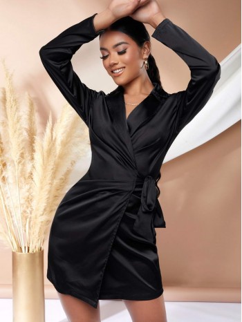 Wrap Tie Side Satin Dress