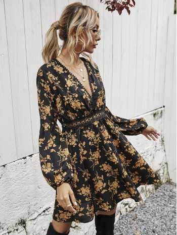 Allover Floral Print Contrast Lace A-line Dress