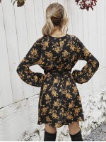 Allover Floral Print Contrast Lace A-line Dress