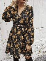 Allover Floral Print Contrast Lace A-line Dress