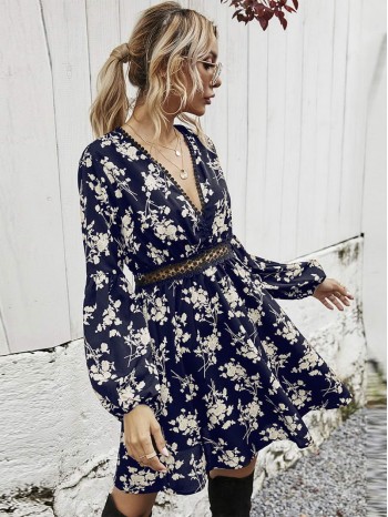 Allover Floral Print Contrast Lace A-line Dress