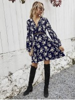 Allover Floral Print Contrast Lace A-line Dress