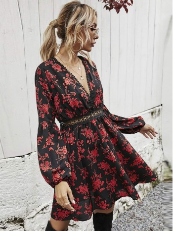 Allover Floral Print Contrast Lace A-line Dress