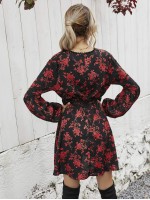 Allover Floral Print Contrast Lace A-line Dress