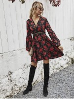 Allover Floral Print Contrast Lace A-line Dress