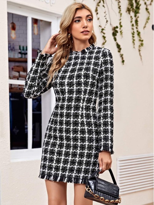 Zip Back Fringe Trim Plaid Tweed Dress