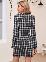 Zip Back Fringe Trim Plaid Tweed Dress