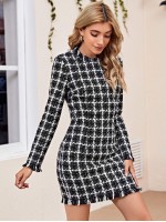 Zip Back Fringe Trim Plaid Tweed Dress