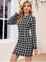 Zip Back Fringe Trim Plaid Tweed Dress